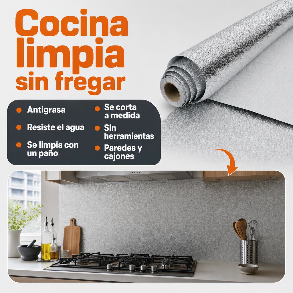 Papel adhesivo de aluminio para cocina — Protege paredes y encimeras